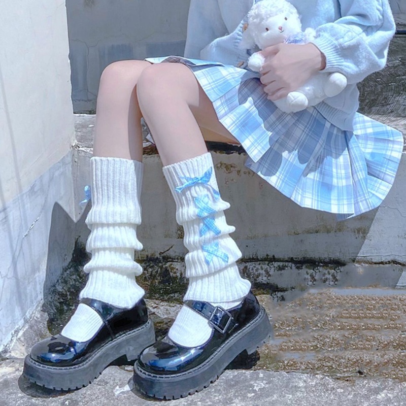 Cặp ống bao chân dệt kim có gân thun trang trí ruy băng thắt nơ đan chéo phong cách lolita nhật bản thời trang cho nữ