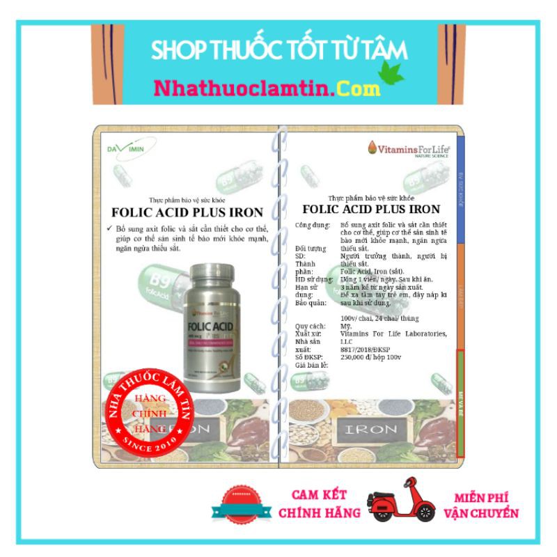 ☘️☘️☘️(Tặng quà chất) Folic Acid Iron - Bổ Sung Axit folic Cho Phụ Nữ Có Thai, Cho Con Bú Lọ 100 viên ( Chính Hãng USA )