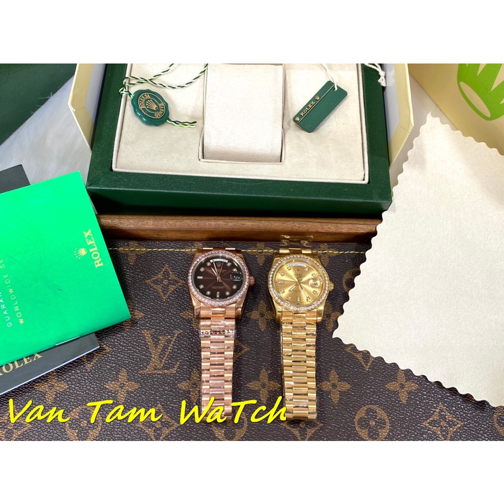 Đồng hồ nam Rolex Day-date 36mm máy cơ Nhật cao cấp, mặt tròn đính đá, dây thép không gỉ