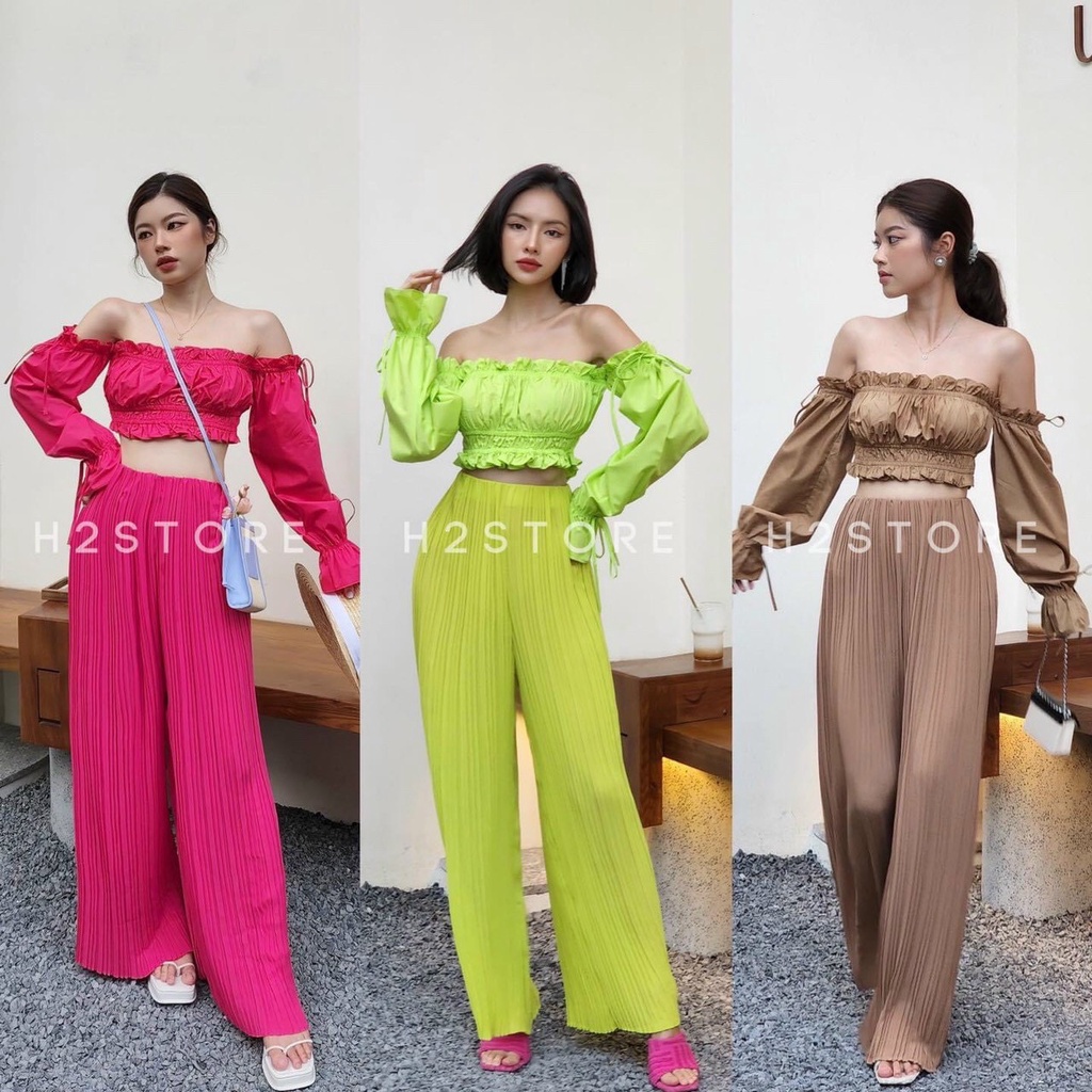 sét bộ ống rộng quần dập ly áo kiểu bệt vai