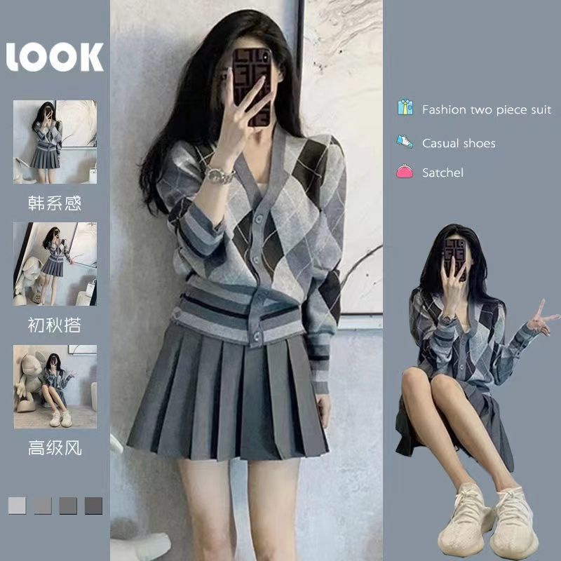 Set Áo Cardigan Dệt Kim Màu Xám + Chân Váy Xếp Ly Đơn Giản Phong Cách Retro Hong Kong Thời Trang Mùa Thu 2022 Cho Nữ