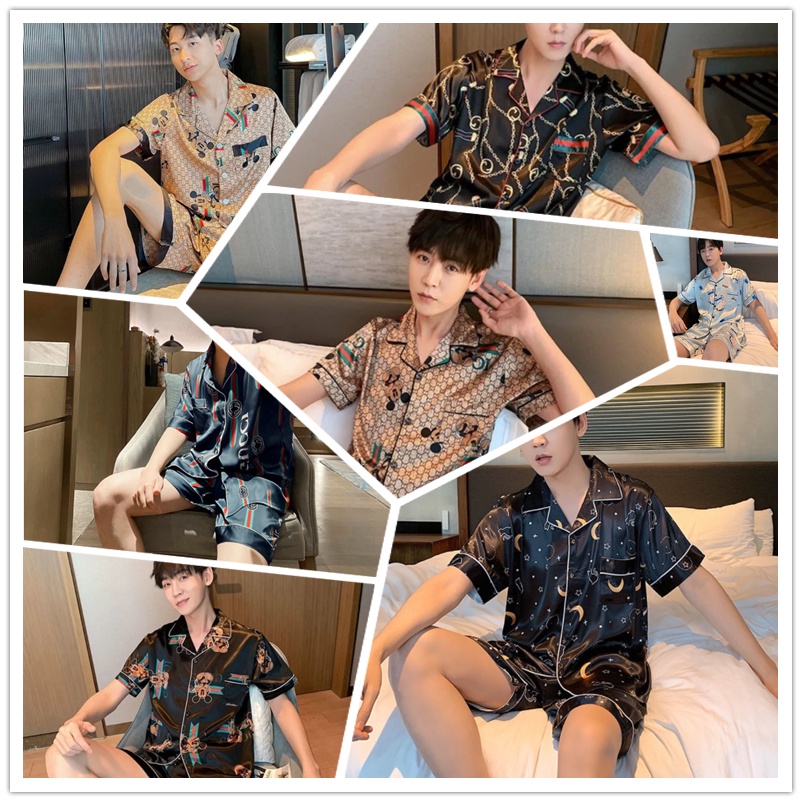 Bộ đồ ngủ tay ngắn bằng vải lụa satin có size lớn 5XL dành cho nam giới