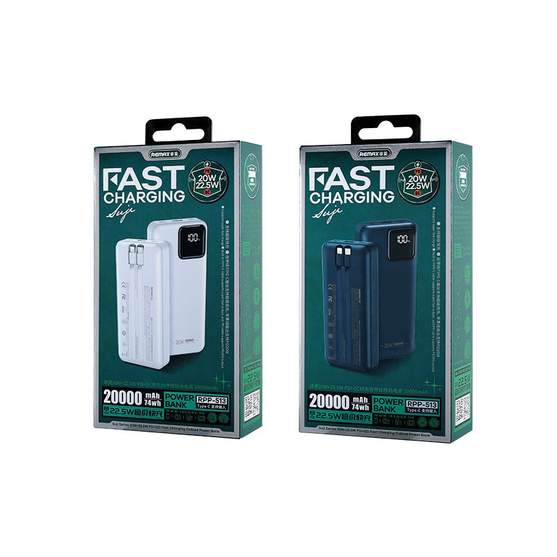 Pin dự phòng sạc nhanh Remax RPP-513 Suji Series 20000mAh tích hợp 2 cáp sạc - hỗ trợ QC 22.5W và PD 20W (2 màu)