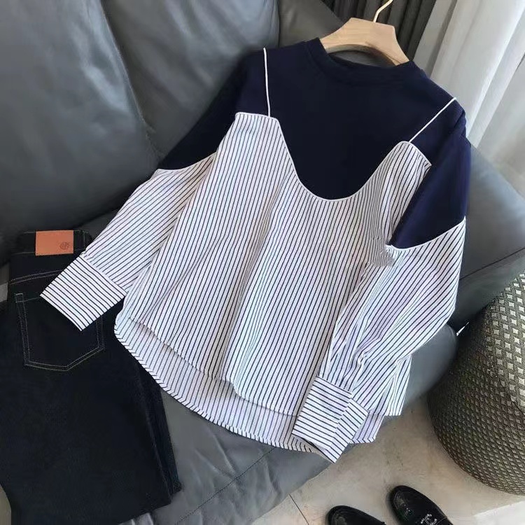 Áo Nữ Tay Dài Cổ Tròn Giả Hai Lớp Thời Trang Phong Cách Hàn Quốc