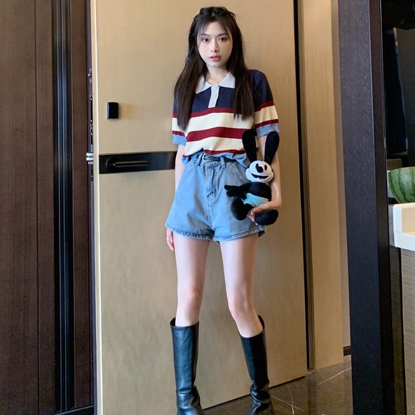 Áo thun ZHELIHANGFEI dệt kim cổ polo tay ngắn họa tiết kẻ sọc thời trang