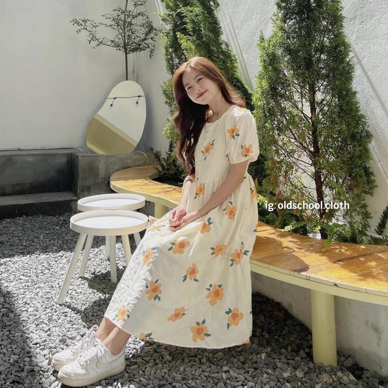 Váy Babydoll hoa cam tay bồng chất đũi xốp Pea Store - Đầm hoa dáng dài đũi xốp xinh xắn