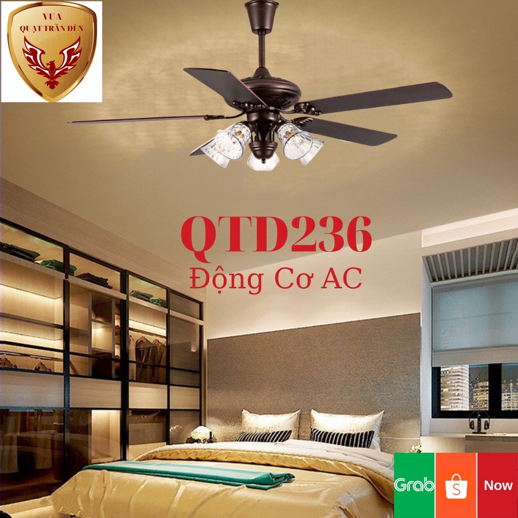 Quạt Trần Cánh Gỗ 5 Bóng  QTD236, Quạt Trân Có Đèn Trang Trí Phòng Khách, Động Cơ AC