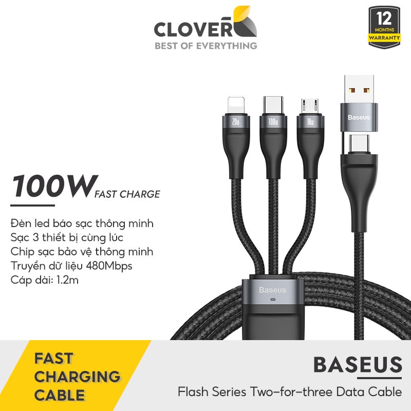 Cáp Sạc Nhanh 3 Đầu Baseus Cloverb Sạc 3 Thiết Bị Cùng Lúc Công Suất Cao 100w Không Nóng Dây Bện Nylon Chống Đứt Gãy