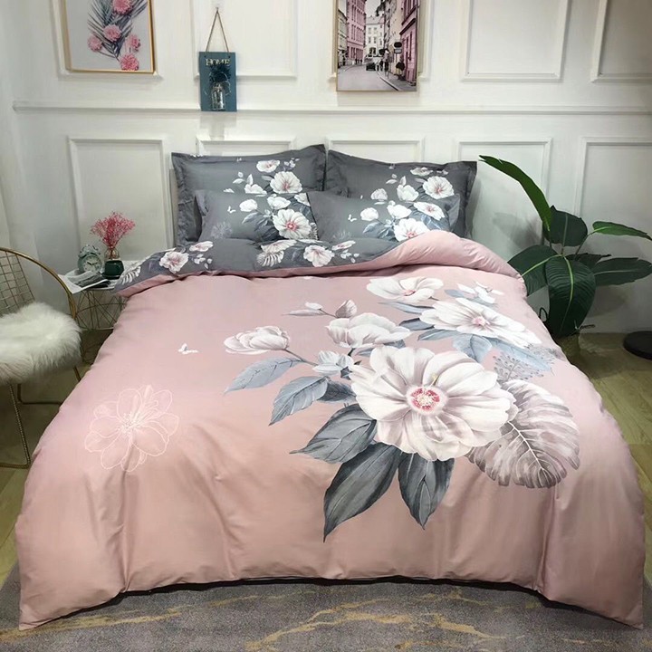 Bộ chăn ga gối , drap giường chất vải COTTON HQ họa tiết hoa nhài hồng