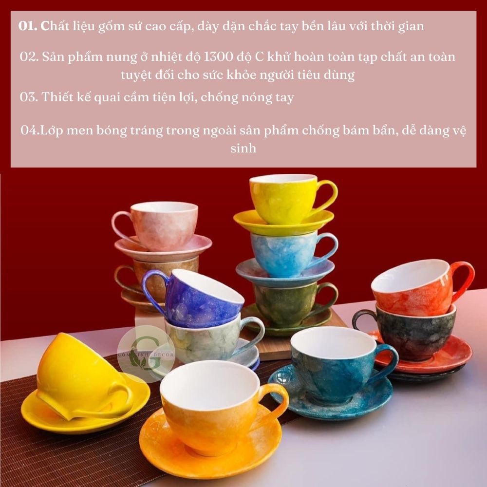 Ly Cà Phê Tách Cafe Capuchino 220ml Gốm Sứ Bát Tràng Cao Cấp nhiều màu