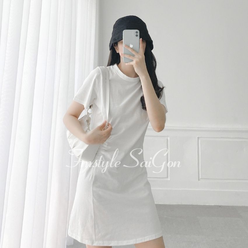 Đầm thun nữ suông tay ngắn, váy rút 1 bên trơn ulzzang hàn quốc 604 thời trang Fmstyle Saigon 21VD07N161901