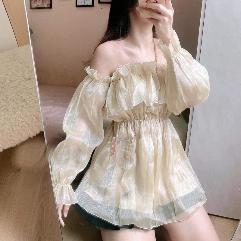 Đầm trễ vai chất liệu tơ 2 lớp mềm mịn