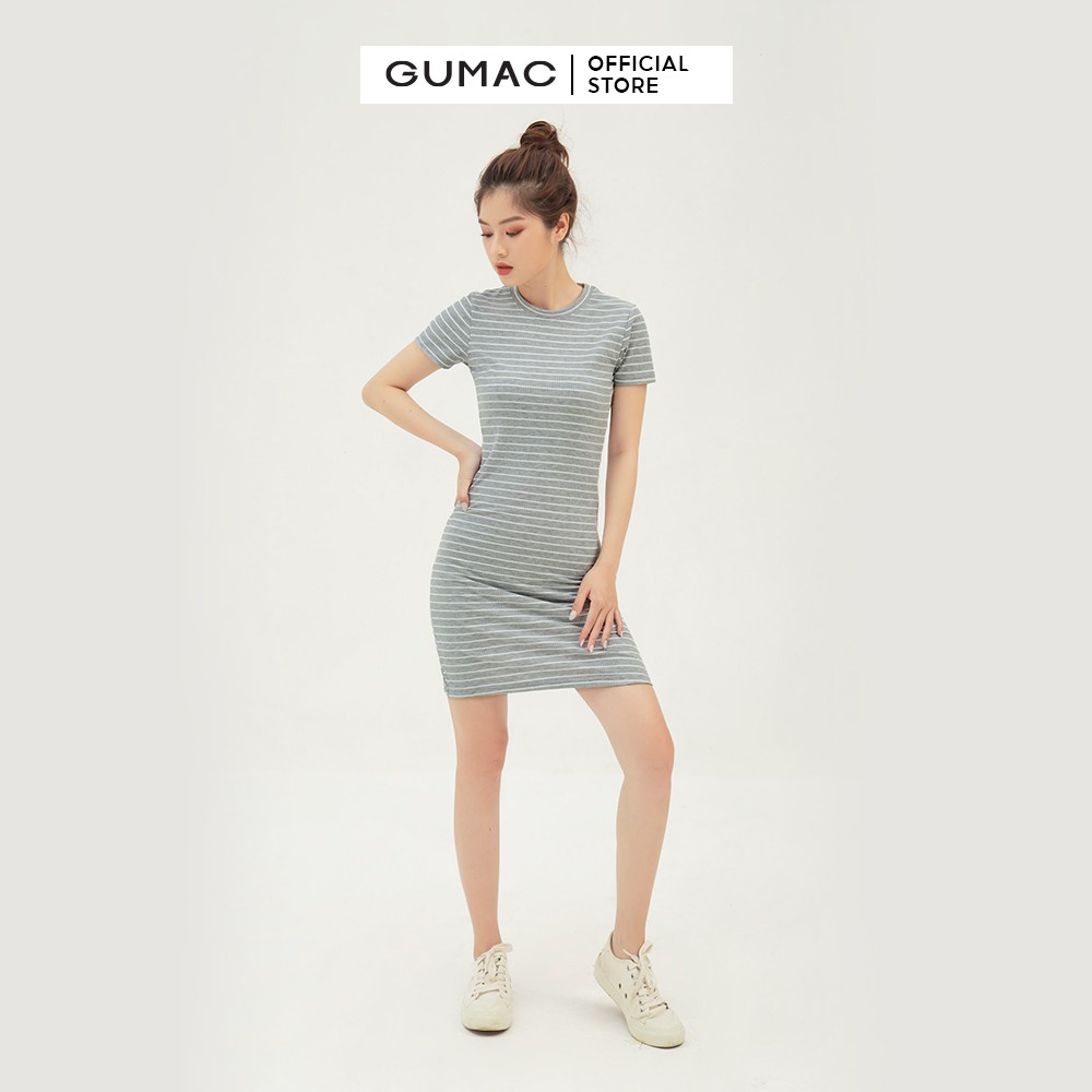 Đầm thun nữ ôm body GUMAC chất liệu sọc ngang, tay ngắn sexy DB303