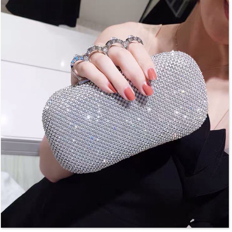 Clutch ví cầm tay đi tiệc đính đá khoá tròn - hình thật