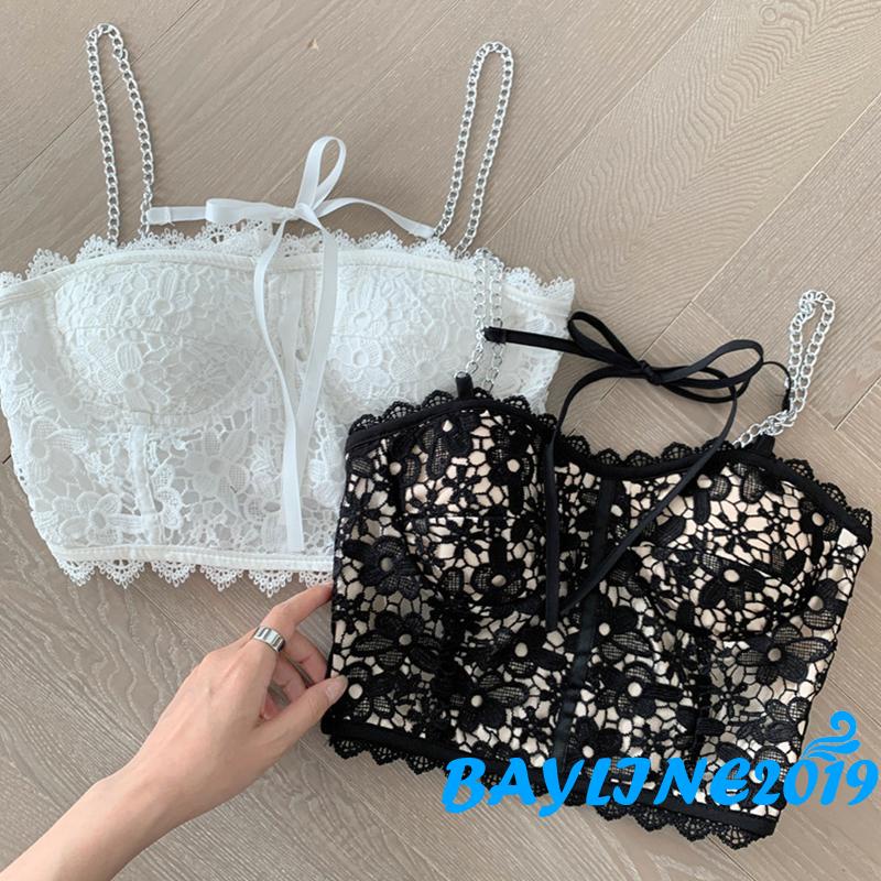 Áo Croptop Hai Dây Phối Ren Và Dây Xích Kim Loại Hình Hoa Dành Cho Nữ