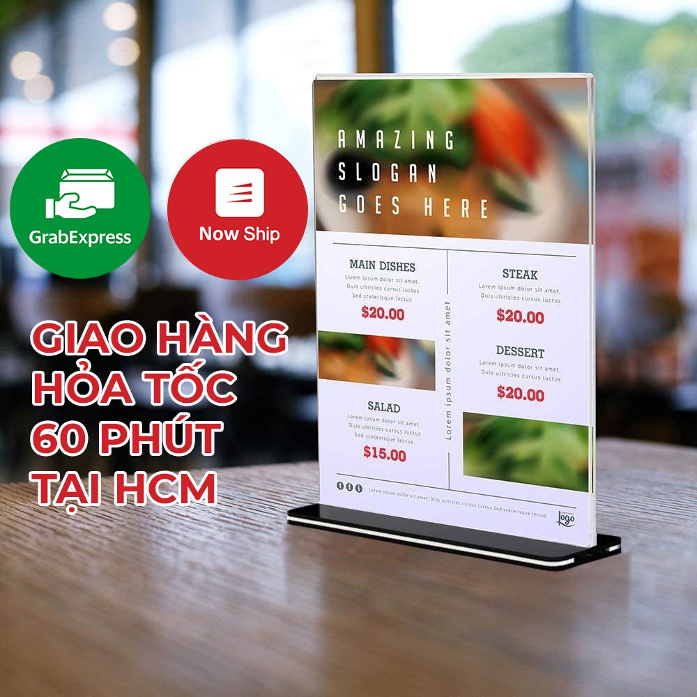 Combo 4 Cái Menu Mica A4 A5 A6, Để Bàn, Khổ Dọc, Trong Suốt, Hình Chữ T, Đế Đen