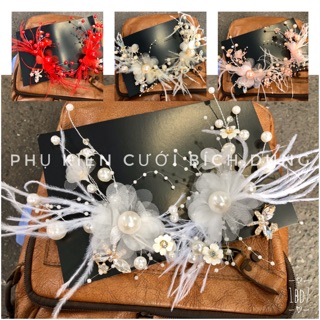 🌈🌈 Phụ kiện cài tóc cô dâu - Bộ cài bông von phối lông vũ