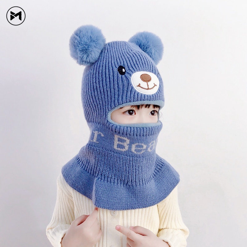 Mũ Len Trùm Tai Chống Gió Hình Gấu Dễ Thương Thời Trang Thu Đông Cho Bé 1-6 Tuổi