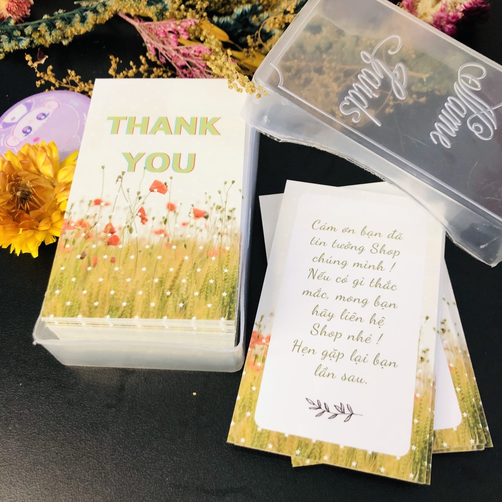 Hộp nhựa 100 thiệp cảm ơn, card cám ơn, thank you card mẫu 47, 48, 52 hình dễ thương dùng để tặng khách hàng