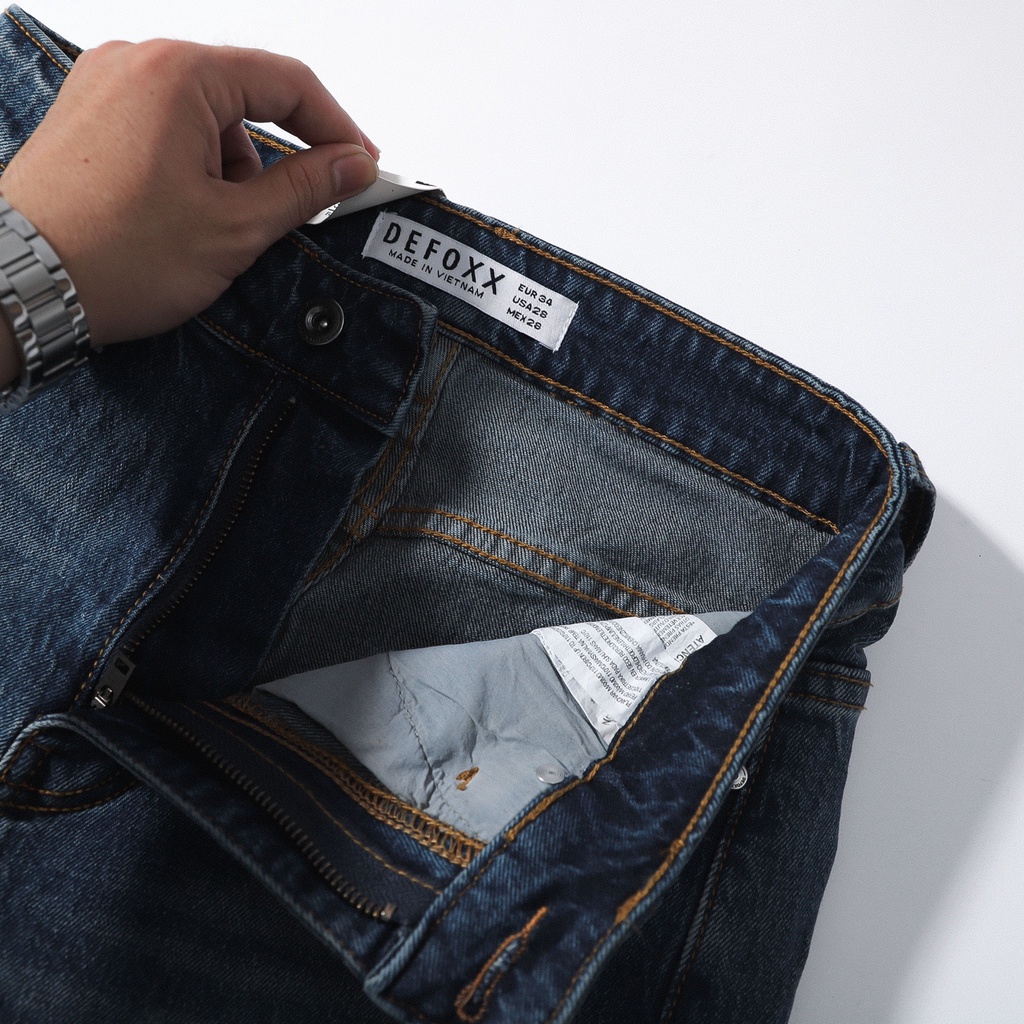 Quần jean dài nam DEFOXX xanh wash rách nhẹ,Form Slimfit,chất vải co dãn,ống quần 15 - 18cm,hàng VNXK -220620