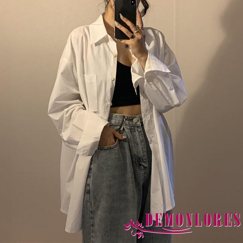 Áo Sơ Mi Tay Dài Cổ Bẻ Dáng Rộng Màu Sắc Đơn Giản Thời Trang Mùa Thu Cho Nữ