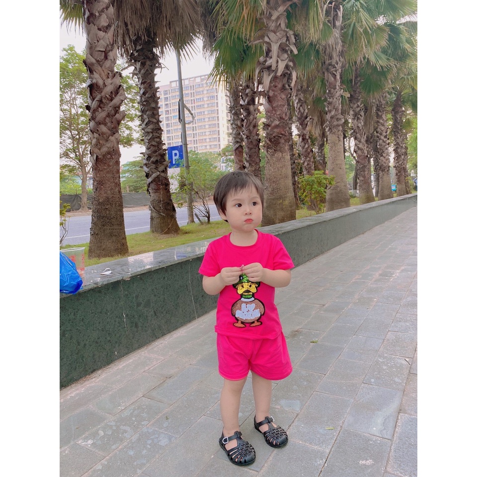 [ XẢ HÀNG] Bộ cộc tay bé gái, bộ cotton hình vịt thêu kim sa cho bé size 20-35kg