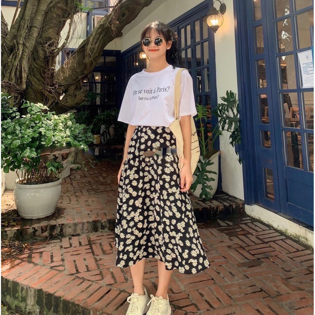 CHÂN VÁY MIDI HOA NHÍ VINTAGE ULZZANG STYLE - CHÂN VÁY HOA CÚC HỌA MI TÍM ĐEN XANH HOT