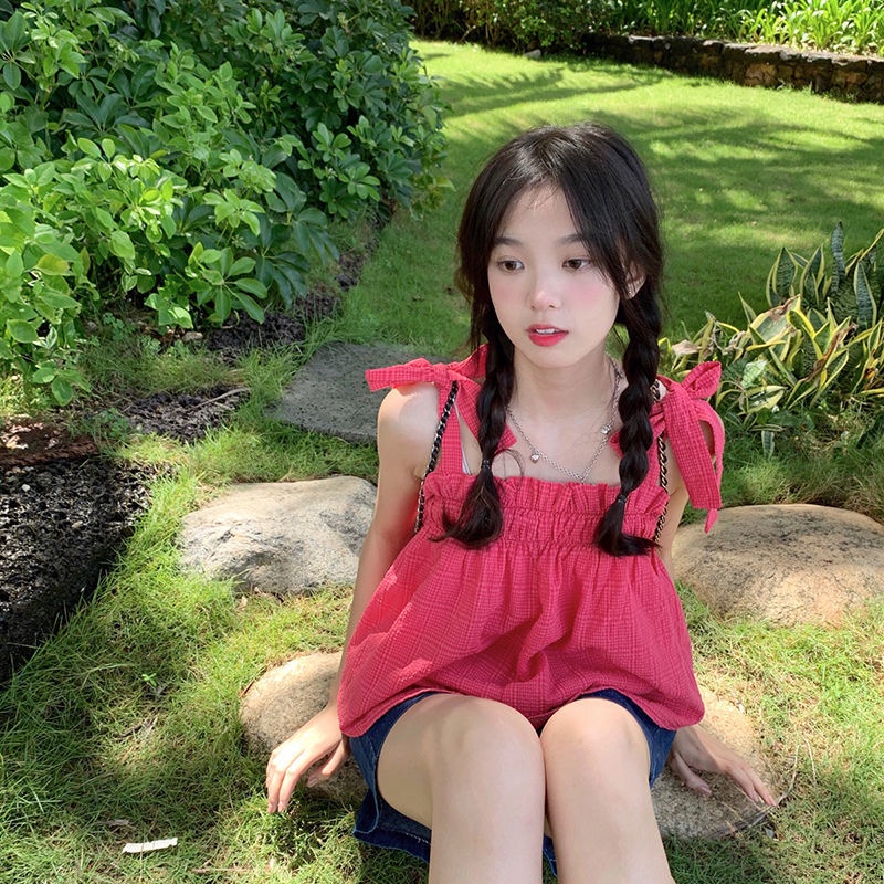 Hàng Mới Về Jiashucheng Áo Hai Dây Xếp Ly Màu Trái Cây Ngọt Ngào Phong Cách Preppy Mùa Hè Cho Nữ