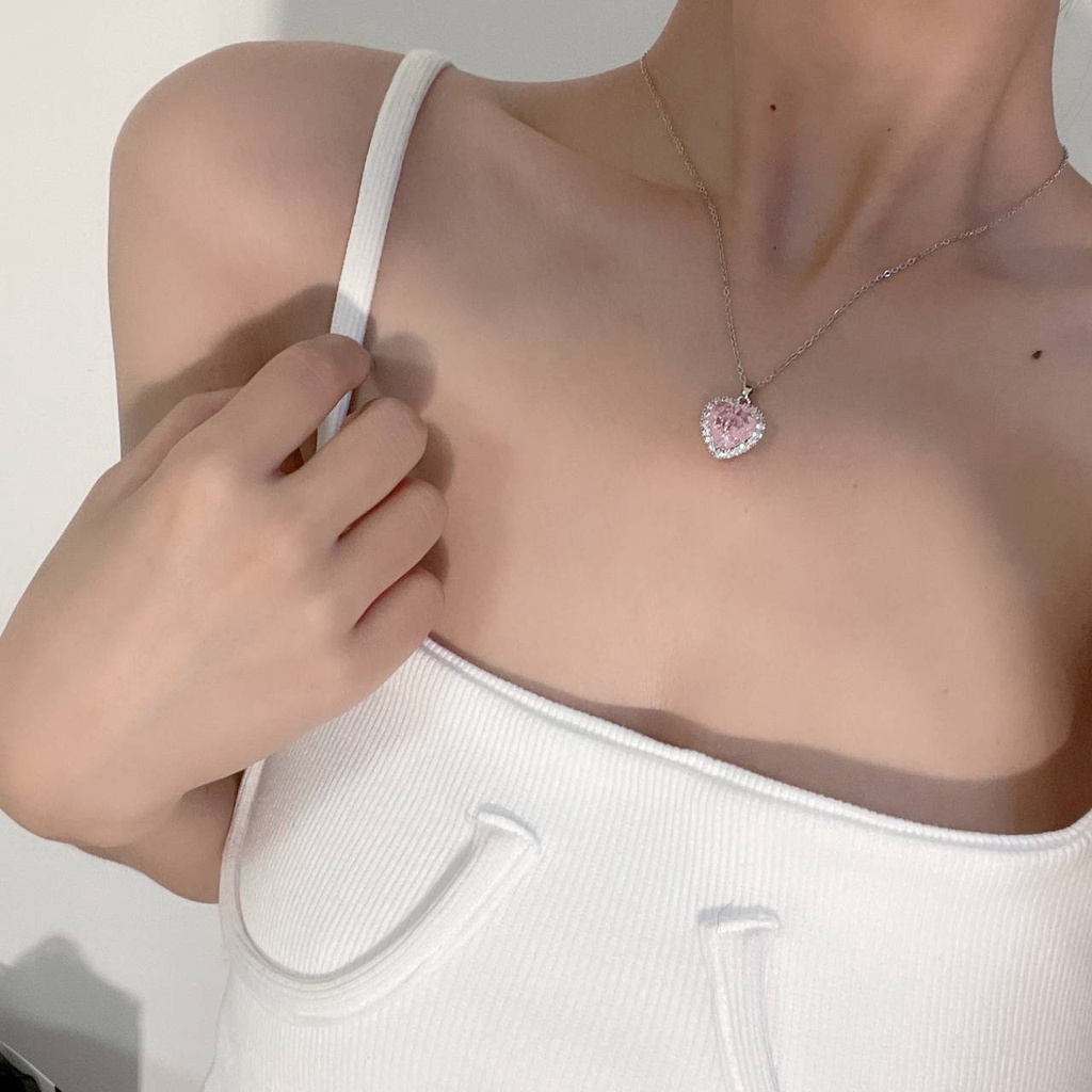 Vòng cổ hợp kim mặt trái tim đính đá pha lê hồng sang trọng thời trang