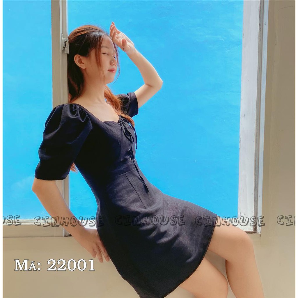 Đầm Cổ vuông dây đan ngực mắt cáo 22001