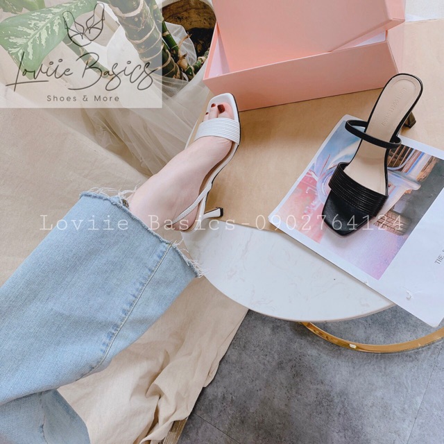 LOVIIE BASICS - GIÀY SANDAL CAO GÓT 7P NỮ QUAI MẢNH - SANDAL CAO GÓT QUAI NGANG DÂY 7P GÓT NHỌN - ĐEN TRẮNG  - G200728