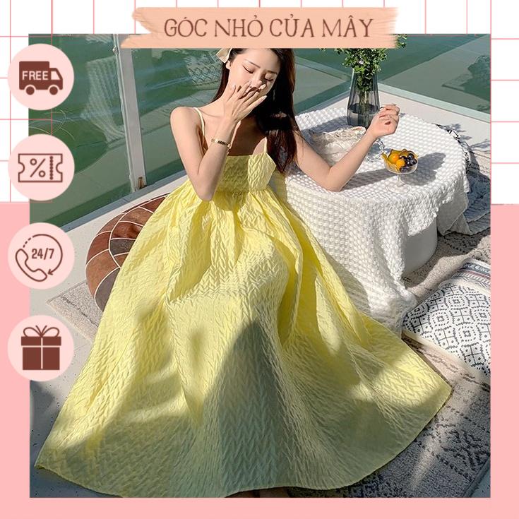 Đầm 2 Dây Đi Biển Màu Vàng Dáng Dài Xòe Chất Xốp Mát 2 Lớp Ulzzang GNCM