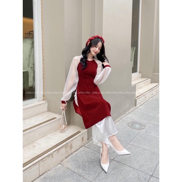 Áo dài đỏ phối tay voan tơ bồng kèm mấn siêu xinh | BigBuy360 - bigbuy360.vn