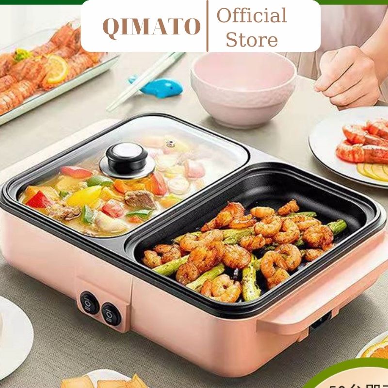 Nồi lẩu nướng đa năng 2 ngăn 2 trong 1 mini điện QIMATO SD833