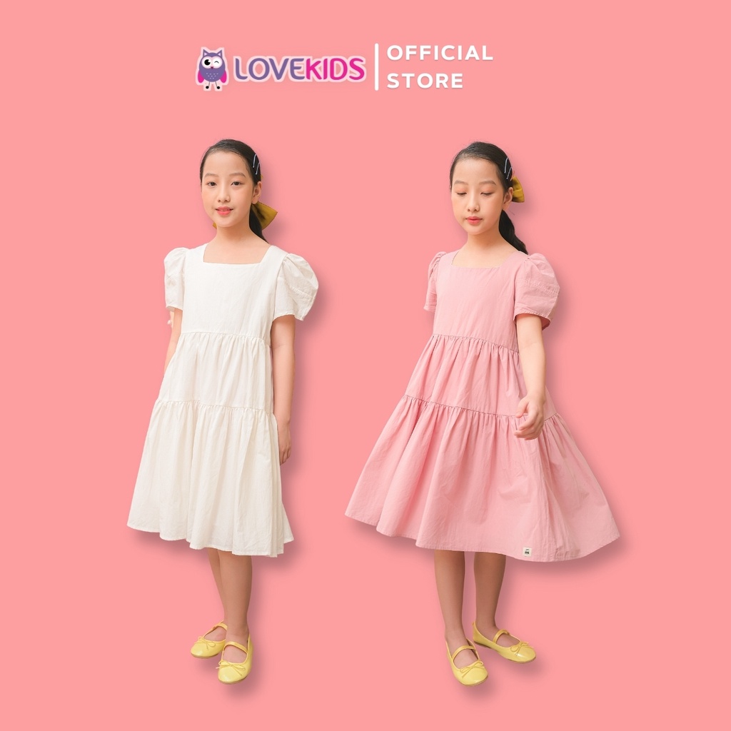 Đầm bé gái dáng xòe xếp tầng cổ vuông xinh xắn đầm cho bé từ 2-10 tuổi LOVEKIDS