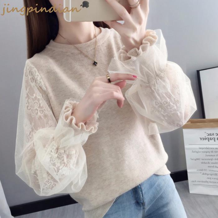 Áo Len Nữ Tay Dài Phối Ren Thời Trang