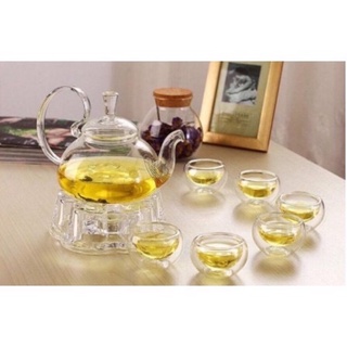 Bộ 6 chén trà thủy tinh 2 lớp kèm ấm trà 600ml có đế nến, bộ trà thuỷ tinh