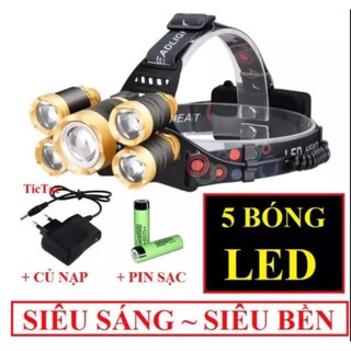 Đèn pin đội đầu 5 bóng siêu sáng kèm pin tích hợp siêu tiện lợi, 5 mắt phiên bản mới bóng to hơn sáng hơn, tặng kèm cáp