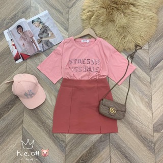 SET HỒNG ÁO pull đính kim sa mix CHÂN VÁY