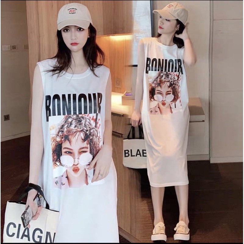 Váy sát nách xuông in họa tiết cô gái - Đầm suông from rộng dáng dài màu trắng