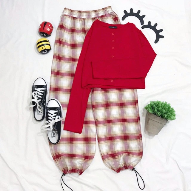 Set CropTop Nút Tay Dài Jogger Caro Ảnh Thật