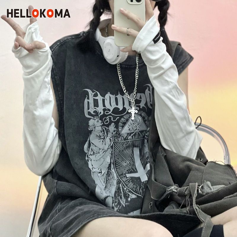 Áo Thun Cotton Trơn Không Tay In Hình Hello Kitty Phong Cách Hip Hop Mỹ Cho Nữ