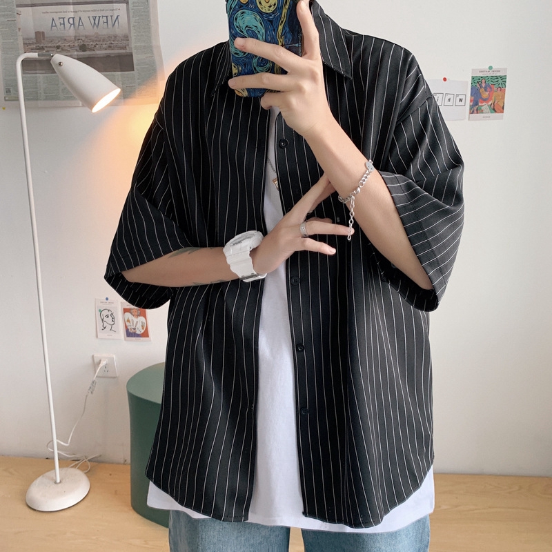 Áo sơ mi tay ngắn họa tiết kẻ sọc phong cách Hàn Quốc thời trang cho nam