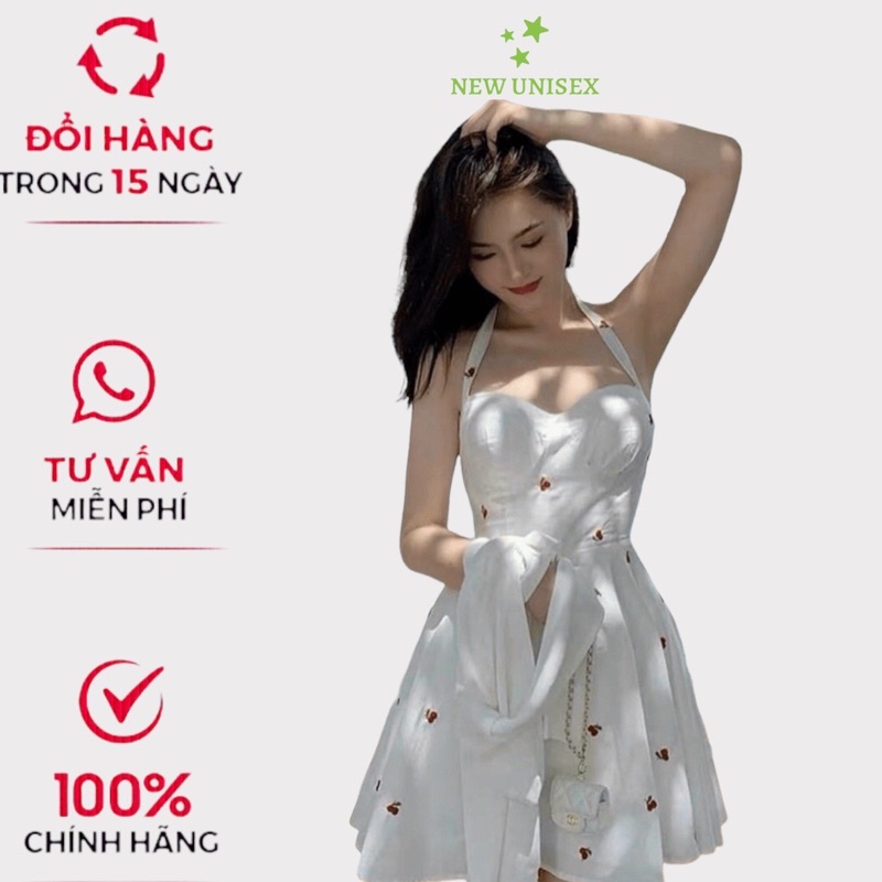 Sét Đầm 2 Dây kèm Áo Khoác Thun Gân Trắng Họa Tiết Cheery Ngọt Ngào Chất Lụa Có Mút Ngực Mặc Đẹp [NEW UNISEX]