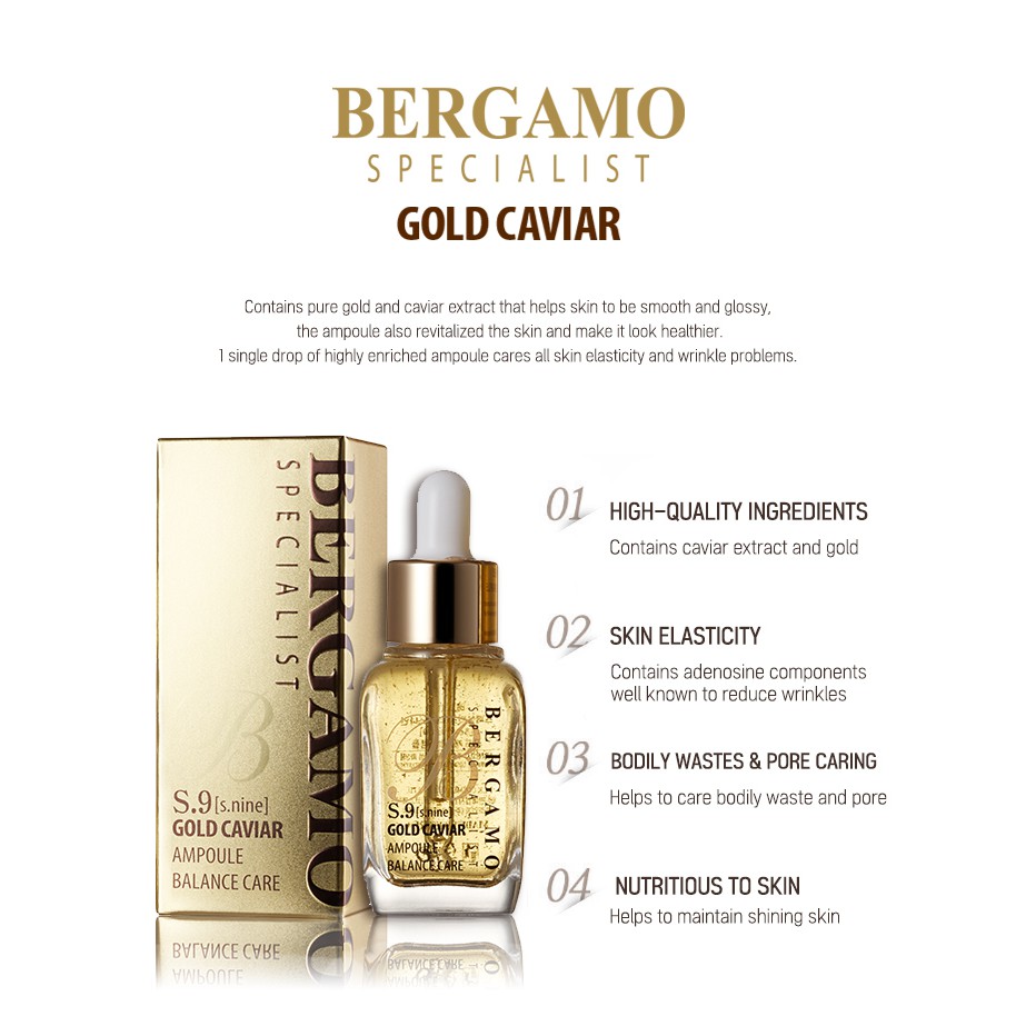 Serum dưỡng trắng và ngừa nám từ trứng cá tầm Bergamo S9 Gold Caviar Ampoule