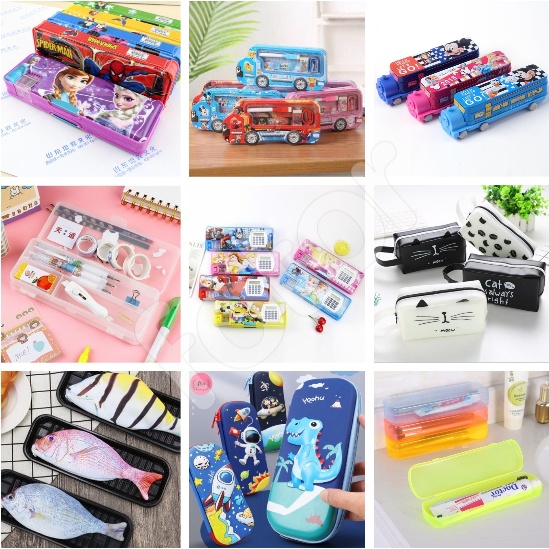 HỘP ĐỰNG BÚT HOẠT HÌNH, MÁY TÍNH, CÁ 3D, HÌNH MÈO, TRONG SUỐT, XE, TÀU LỬA, 2 TẦNG CHO BÉ