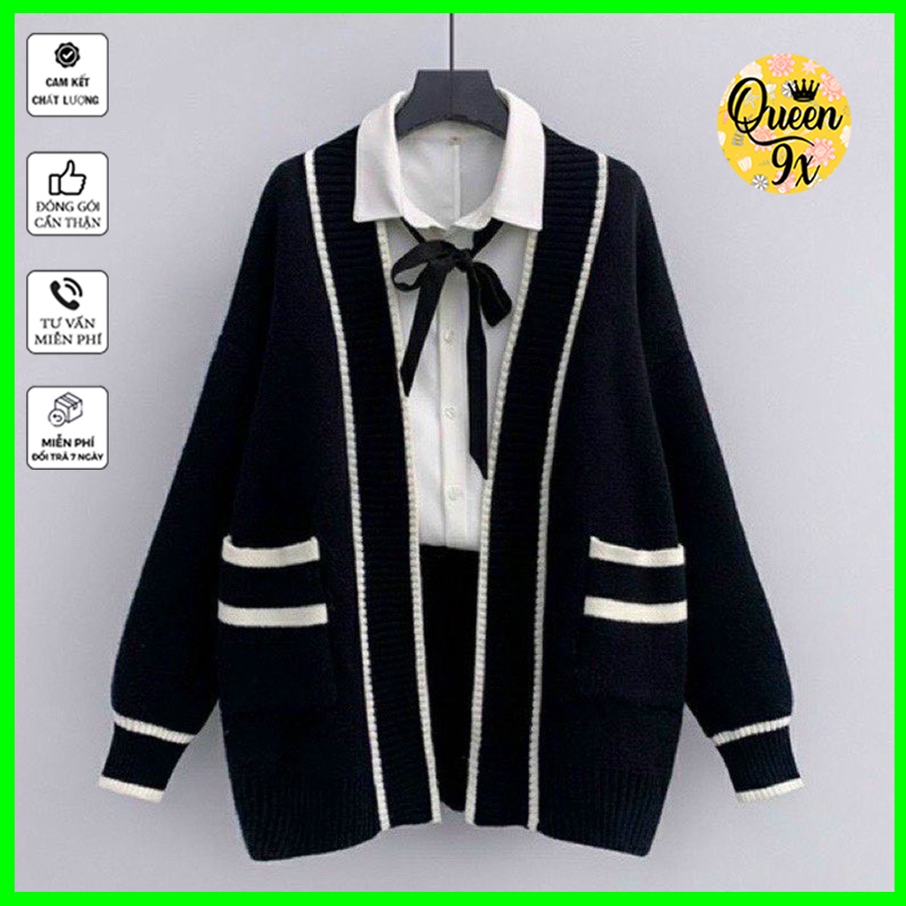 ÁO CARDIGAN, ÁO KHOÁC Nữ Form Rộng Viền Túi Đen Trắng Phong Cách Basic
