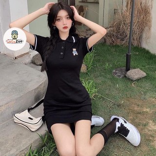 Váy polo body tay ngắn thêu gấu CUTEZOO đầm body ôm dự tiệc đi chơi sang chảnh