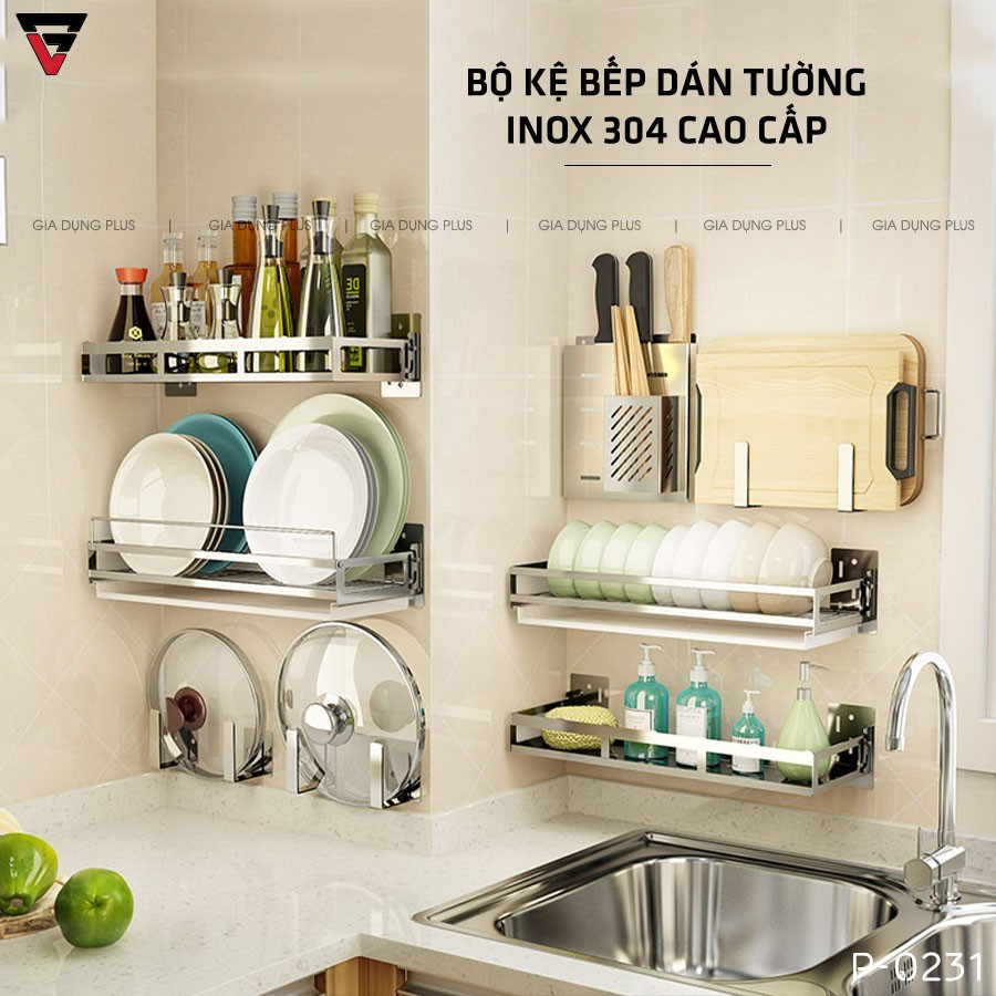 Kệ giá dán tường bếp INOX 304 cao cấp đựng hủ lọ gia vị, chai lọ, chén, đĩa, dao, đũa, vung nồi - KHÔNG CẦN KHOAN TƯỜNG