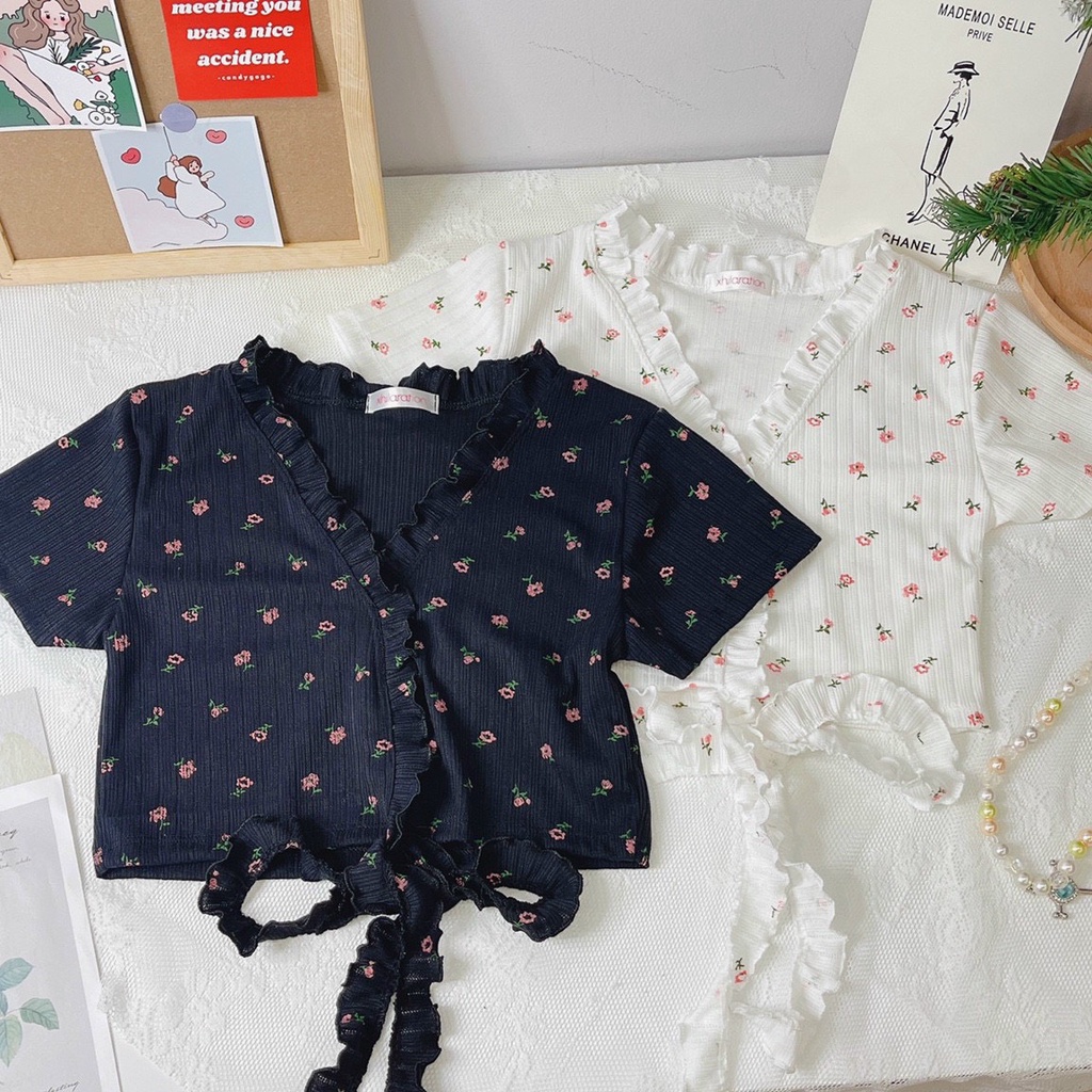 Áo kiểu tay ngắn croptop cổ V viền bèo hoa nhí cực xinh , chất thun bozip mềm mịn ( ảnh thật )